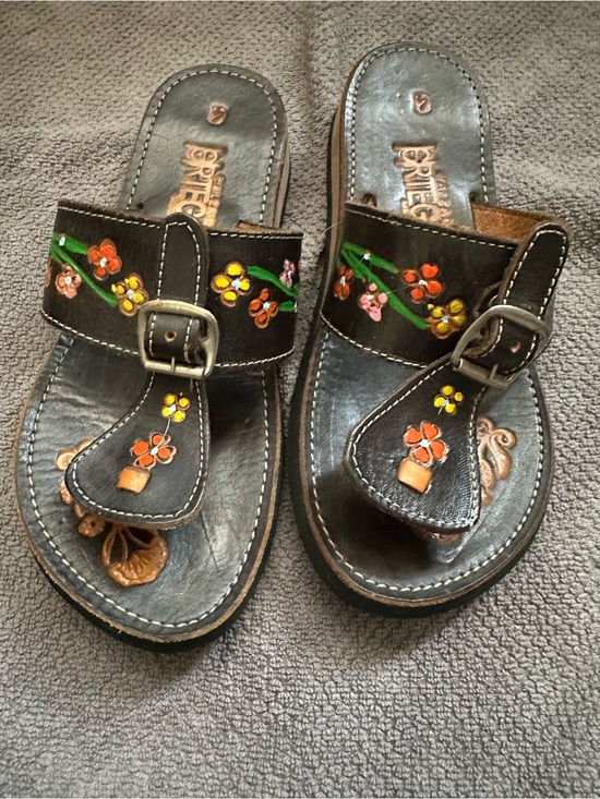 Free People Shoes - Embroidered Floral Black Leather Sandals